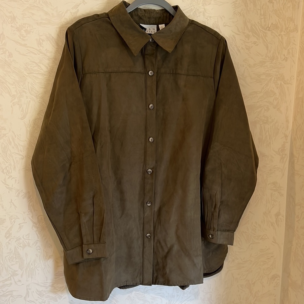 Joan Rivers Faux Suede Olive Green Button Down Collared Blouse Jacket Size L